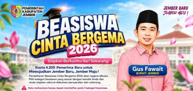 
					BEASISWA CINTA BERGEMA 2026 RESMI DIBUKA: 4.200 KUOTA UNTUK MAHASISWA JEMBER